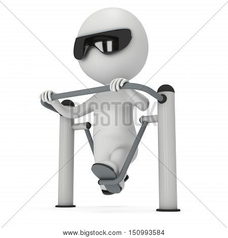 Active 3D man exercising on outdoor fitnes trainer machine. Fit sporty man working out at outdoor gym. Sport fitness and healthy lifestyle concept. 3D render isolated on white.