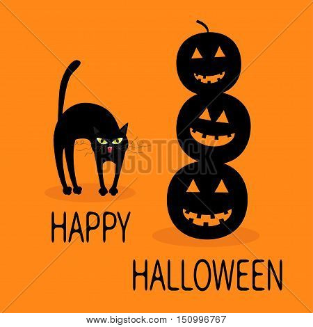 Cat arch back. Three black silhouette funny smiling pumpkins. Cute cartoon baby character. Happy Halloween. Greeting card. Orange background. Flat design. Vector illustration