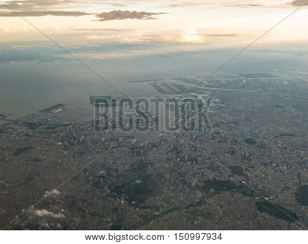 Aerial view of Tokyo Bay in Tokyo, Japan.