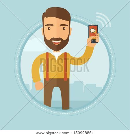 A hipster businessman with the beard using smartphone in the city street. Young caucasian entrepreneur chatting on a mobile phone. Vector flat design illustration in the circle isolated on background.