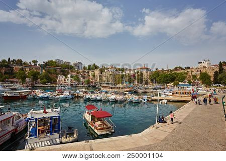 Aerial View Of Yacht Harbor And Red House Roofs In Old Town Timelapse Antalya, Turkey. Marine Bay At