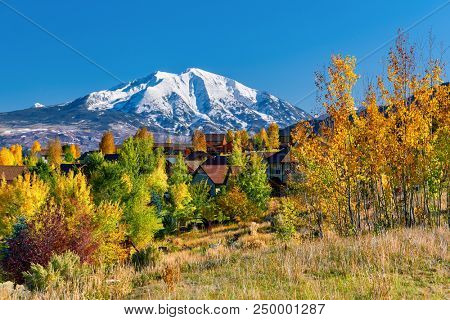 Residential neighborhood in Colorado at autumn, USA. Mount Sopris landscape. 