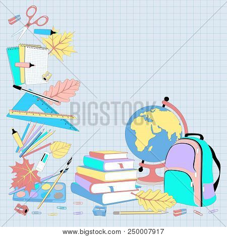 Back To School Background With Checkered Paper And Autumn Leaves