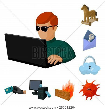 Hacker And Hacking Cartoon Icons In Set Collection For Design. Hacker And Equipment Vector Symbol St