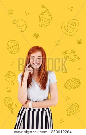 Laughing Waitress. Cheerful Friendly Waitress Standing With Her Eyes Closed And Touching Her Face Wh