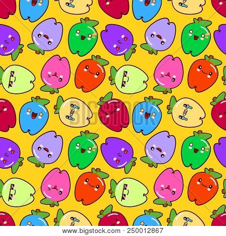 Cute Childish Seamless Pattern As Smiling Cartoon Characters Of Apples On Yellow Background Flat Sty