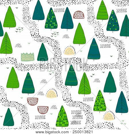 Forest Seamless Pattern Background. Scandinavian Style. Vector Illustration