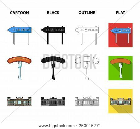 Country Germany Cartoon, Black, Outline, Flat Icons In Set Collection For Design. Germany And Landma