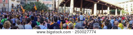 Cardedeu, Catalonia, Spain, October 3, 2017: Paceful People Cutting Off The Highway Ap-7 In Protest 