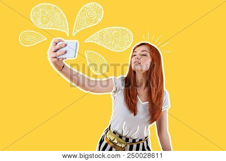 Pretty Selfie. Beautiful Relaxed Young Girl Feeling Good And Smiling While Taking Selfies During The