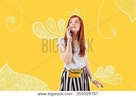 Pleasant Talk. Young Lovely Student Feeling Good And Thoughtfully Looking Into The Distance While Ta