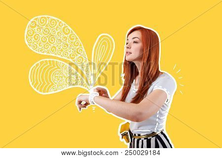 Smart Watch. Clever Young Progressive Teacher Touching The Screen Of A Smart Watch On Her Wrist And 