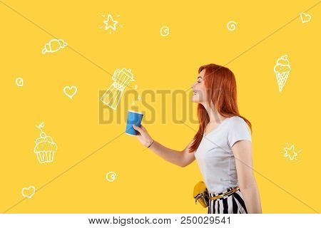 Coffee Time. Positive Happy Waitress Having A Pleasant Working Day And Smiling While Pouring Coffee