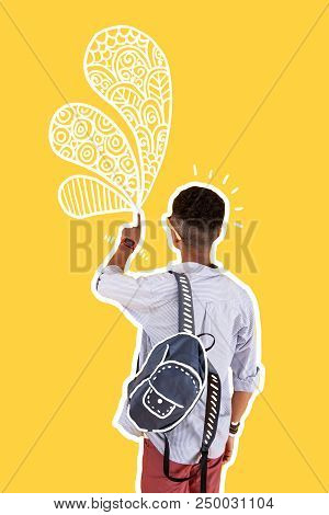 Drawing. Creative Student Waiting For The Lesson And Drawing On The Blackboard