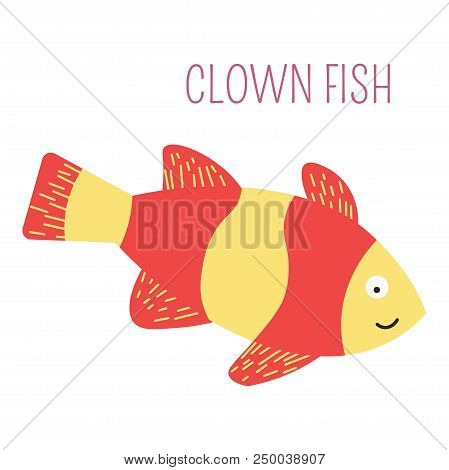 Clown Fish Underwater Childish Cartoon Book Character. Sea Creature With Stripes And Flippers. Ocean