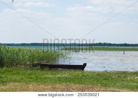 Nature Background. Lake And Forest. Sunny Day. Boat