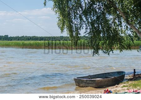 Nature Background. Lake And Forest. Sunny Day. Boat