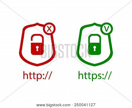 Vector Icons: Http And Https Protocols With Lock, Green And Red Icons, Check And Cross Symbols.