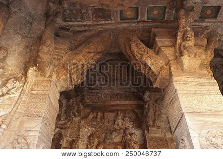 Cave 3 : View Of Verandah, From Outside. Badami Caves, Karnataka. Fresco Paintings On The Ceilings C