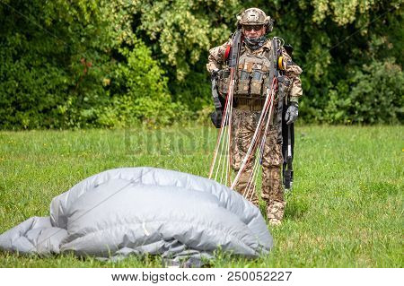 Feldkirchen / Germany - June 9, 2018: Paratrooper From Bundeswehr, German Army Lands On An Open Day 