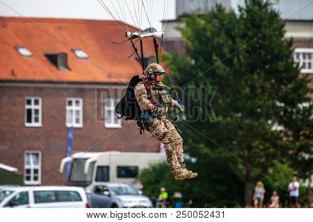 Feldkirchen / Germany - June 9, 2018: Paratrooper From Bundeswehr, German Army Lands On An Open Day 