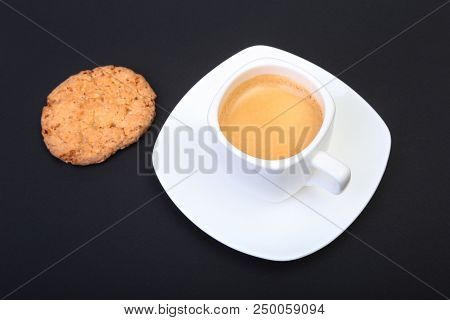 Classic Espresso In White Cup With Homemade Cake On Black Background. Selective Focus