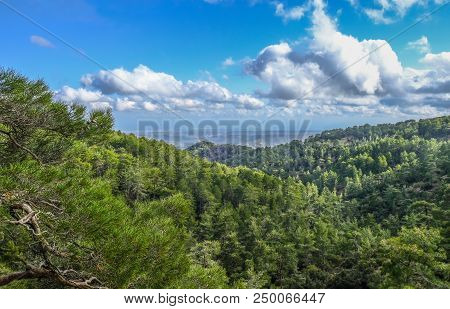 Beautiful Vista From The Top Of Troodos Mountain With Sky, Clouds, Trees, And Countryside.  Senic Vi