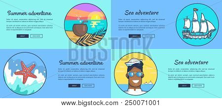 Summer Sea Adventures Vector Colorful Web Banner Of Circles With Sailor Man, Starfish At Bottom, Coc