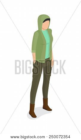 Woman In Green Jacket With Hood, Verdant Trousers Side View Vector Illustration. Student Or College 