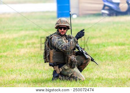 Feldkirchen / Germany - June 9, 2018: German Soldier On An Exercise At Open Day On Day Of The Bundes