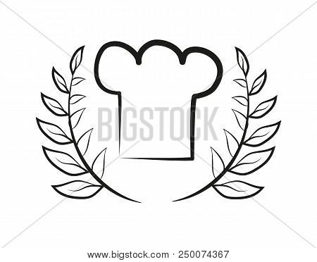 Chefhat With Laurel Branches Vector Illustration Logo Design Of Cookers Hat Isolated On White. Sketc