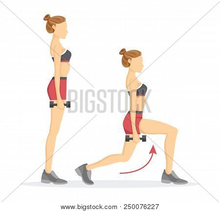 Lunges Tabata Exercises With Dumbbells, Red Arrows Showing Correct Direction, Vector Illustration Is