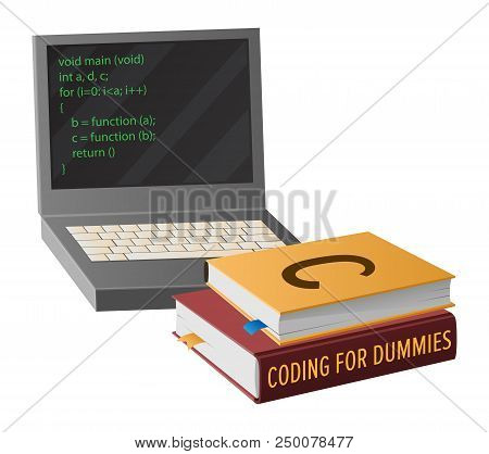 Open Laptop With Program Code On Screen And Pile Of Textbooks On Informatics Isolated Cartoon Vector
