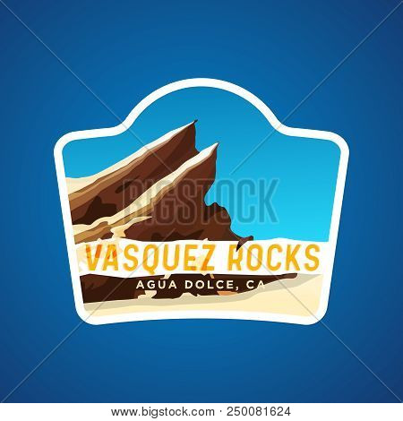Vasquez Rocks Emblem Concept. Travelling Themed Logotype On Blue Background