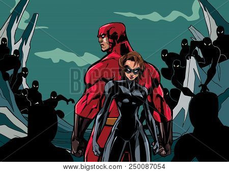 Illustration Of Superhero Couple Standing Against Evil Minions.