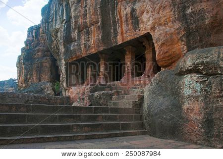 Cave 4 : Facade In Badami Caves Badami Karnataka India