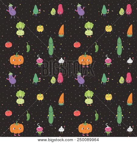 Cute Cartoon Live Vegetables Vector Seamless Pattern. Funny Characters In Nice Colors. Part One.
