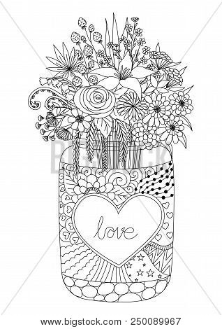 American Flags On Flowers And Decorations On A Mason Jar For Design Element And Coloring Book Page. 