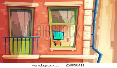Vector Illustration Of Multi-storey Apartment, Cabinet Interior With Furniture, Home Outside Concept