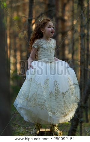 Little Girl Walks In A Summer Forest In A Dress