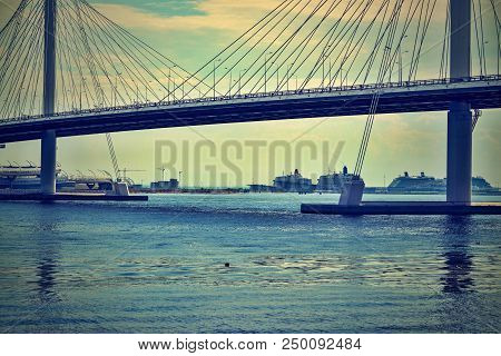 The Big Modern Cable-stayed Bridge Over The River Or Over The Gulf In St. Petersburg Against The Bac