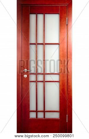 Wooden Interior Door Of Rosewood Or Palisander Wood With Brass Handle And Insets Of Frosted Glass Wi