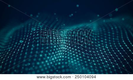 Data Technology Illustration. Abstract Futuristic Background. Wave With Connecting Dots And Lines On