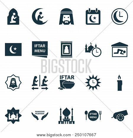 Ramadan Icons Set With Rug, Candle, Azan Human Elements. Isolated Vector Illustration Ramadan Icons.
