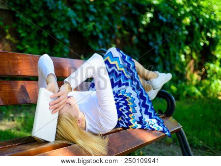 Prepare For Test. Woman Tired Face Take Break Relaxing In Garden Reading Book. Lady Student Read Bor