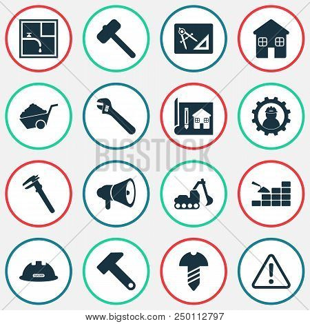 Construction Icons Set With Construction Helmet, Drawing With Adaption, Excavator And Other Plumber 