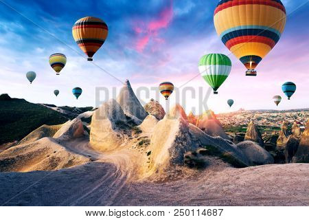 Color balloons in the sunrise sky. Cappadocia, Turkey