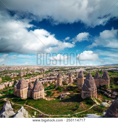 Famous Love valley with penis shape rocks in Cappadocia, Turkey