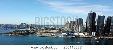 Sydney, Australia - Jun 23, 2018. Aerial View Of Sydney Harbour, Harbour Bridge With Financial Distr