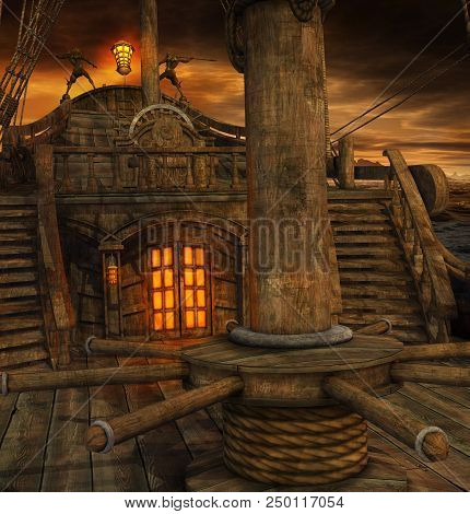 Pirate Ship Deck With Stairs To The Galley And Door To The Captains Cabin, 3d Render